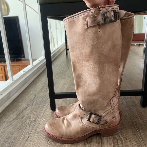Frye Beige Leather Buckle Boots - Picture 1 of 7